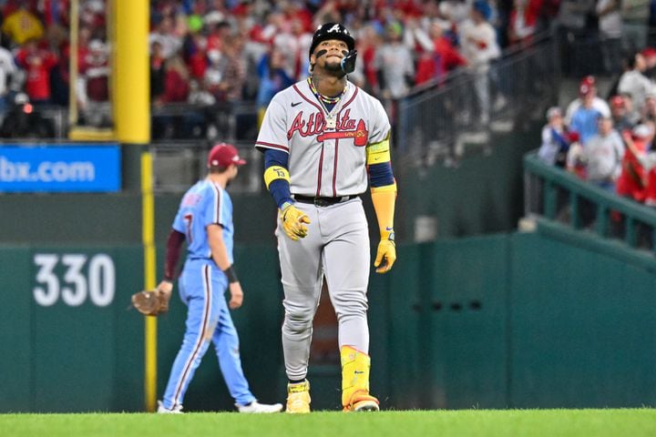 Atlanta Braves’ Ronald Acuna Jr. reacts after a fly out to the Philadelphia Phillies during the seventh inning of NLDS Game 4 at Citizens Bank Park in Philadelphia on Thursday, Oct. 12, 2023.   (Hyosub Shin / Hyosub.Shin@ajc.com)