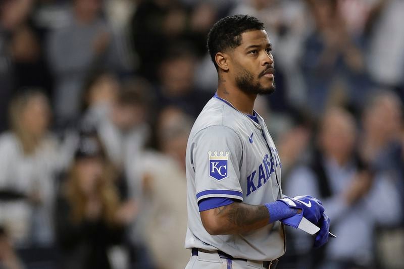 Kansas City Royals third base Maikel Garcia reacts after striking out to end the top of the eighth inning against the New York Yankees during Game 1 of the American League baseball division series, Saturday, Oct. 5, 2024, in New York. (AP Photo/Adam Hunger)