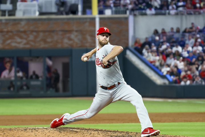 Philadelphia Phillies starting pitcher Zack Wheeler (45) delivers to the Atlanta Braves during the sixth inning of NLDS Game 2 in Atlanta on Monday, Oct. 9, 2023.   (Miguel Martinez / Miguel.Martinezjimenez@ajc.com)