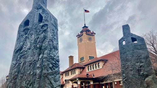 FILE - Sculptures representing charred chimneys rising from the smoldering rubble of burned-out buildings make up the Centennial memorial of the 1908 Race Riot entitled, "Acts of Intolerance" by Preston Jackson, on Wednesday March 22, 2023, in Springfield, Ill. (AP Photo/John O'Connor, File)