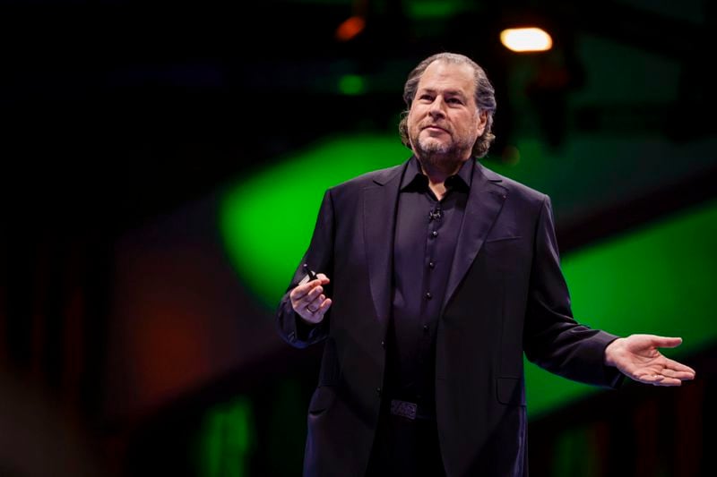 Salesforce CEO Marc Benioff speaks to thousands at the Moscone South Hall during Dreamforce in San Francisco, Tuesday, Sept. 17, 2024. (Brontë Wittpenn/San Francisco Chronicle via AP)