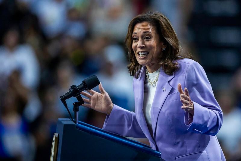 Vice President Kamala Harris speaks to supporters during a campaign rally in Las Vegas. 