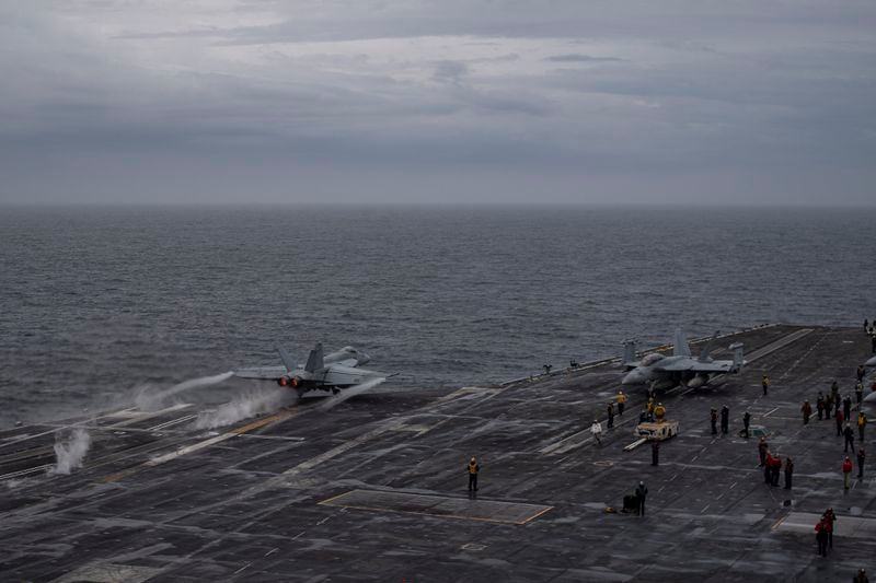 In this photo provided by the U.S. Navy, a U.S. fighter jet takes off from USS Theodore Roosevelt aircraft carrier during the Freedom Edge exercise by the U.S., Japanese and South Korea at East Sea on Friday, June 28, 2024. (Mass Communication Specialist 2nd Class Aaron Haro Gonzalez/The U.S. Navy via AP)