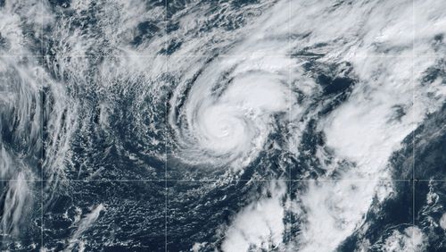 This satellite map provided by National Oceanic and Atmospheric Administration (NOAA) shows Hurricane Isaac on Thursday, Sept. 27, 2024. (NOAA via AP)