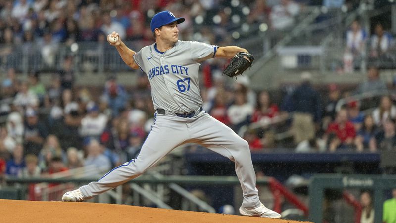 Kansas City Royals pitcher Seth Lugo throws in the first inning of a baseball game against the Atlanta Braves, Saturday, Sept. 28, 2024, in Atlanta. (AP Photo/Jason Allen)