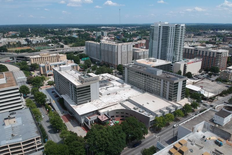 Aerial photography shows the Sheraton Atlanta in downtown Atlanta. (Hyosub Shin / Hyosub.Shin@ajc.com)