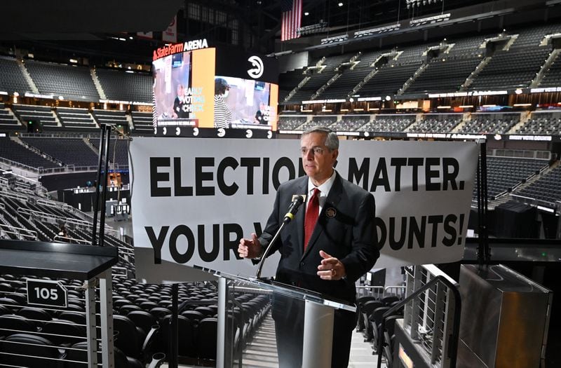 Georgia Secretary of State Brad Raffensperger speaks last week during a press conference at State Farm Arena, the state's largest polling place. The most certain thing about Tuesday's election is Georgia will shatter its record for voter turnout. Nearly 4 million Georgians have already cast ballots, either through the mail or during three weeks of early voting. As many as 6 million of the state's voters are now predicted to participate in the election. (Hyosub Shin / Hyosub.Shin@ajc.com)