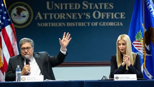 U.S. Attorney General William Barr and Ivanka Trump announce more than $100 million in federal grants aimed at stamping out human trafficking nationwide during a visit Monday to Atlanta.  STEVE SCHAEFER / SPECIAL TO THE AJC