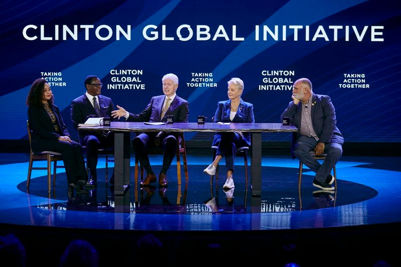 FILE -Bill Clinton, third left, speaks as Cindy McCain, Executive Director, World Food Programme, second right, Jose Andres, Founder and Chief Feeding Officer, World Central Kitchen, right, President of the Republic of Malawi, Lazarus Chakwera, second left, and Louise Emmanuelle Mabulo, Founder, The Cacao Project, left, listen during the Clinton Global Initiative, Sept. 19, 2023 in New York. (AP Photo/Andres Kudacki, File)