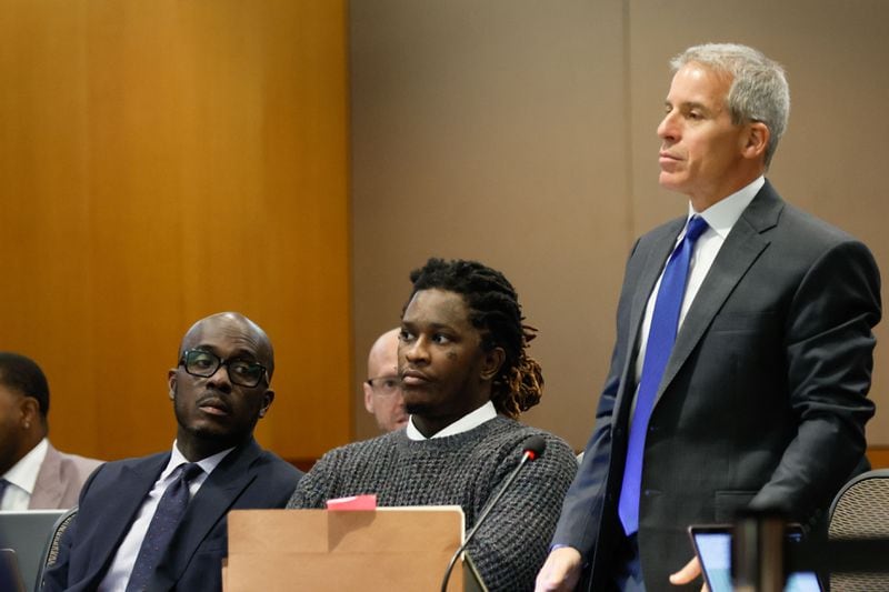 Young Thug, whose real name is Jeffery Williams, and his lawyer, Brian Steel, look on during the rapper's trial on Monday, June 10, 2024.
(Miguel Martinez / AJC)