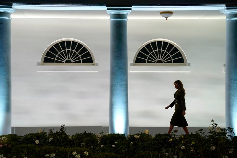 FILE - First lady Melania Trump arrives to speak on the second night of the Republican National Convention from the Rose Garden of the White House, Aug. 25, 2020, in Washington. (AP Photo/Evan Vucci, File)