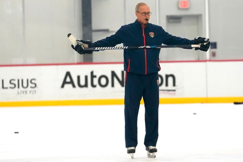 Florida Panthers head coach Paul Maurice leads players during NHL hockey training camp Thursday, Sept. 19, 2024, in Fort Lauderdale, Fla. (AP Photo/Lynne Sladky)