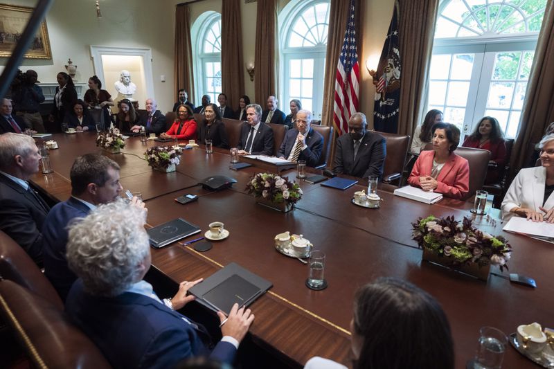 President Joe Biden, back row, center, speaks during a meeting with the members of his cabinet and first lady Jill Biden, in the Cabinet Room of the White House, Friday, Sept. 20, 2024. (AP Photo/Manuel Balce Ceneta)