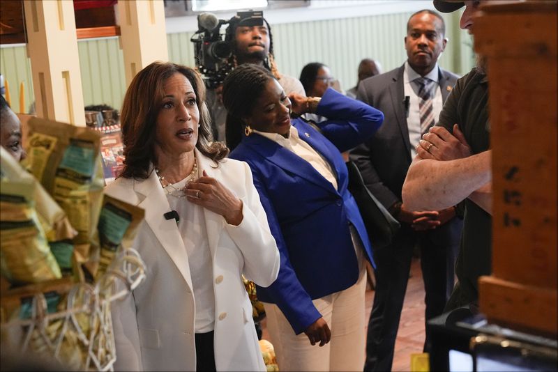 FILE - Democratic presidential nominee Vice President Kamala Harris looks at a cake in a wooden case during a campaign stop in Savannah, Ga., Aug. 29, 2024. (AP Photo/Jacquelyn Martin, File)