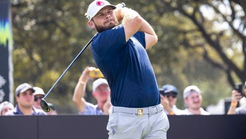 Tyrrell Hatton, of Legion XIII, hits from the 10th tee during the semifinals of LIV Golf Team Championship Dallas at Maridoe Golf Club, Saturday, Sept. 21, 2024 in Carrollton, Texas. (LIV Golf via AP)