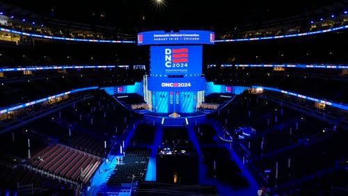 Inside the United Center in Chicago, where the 2024 Democratic National Convention begins Monday. (Pablo Martinez Monsivais/AP)