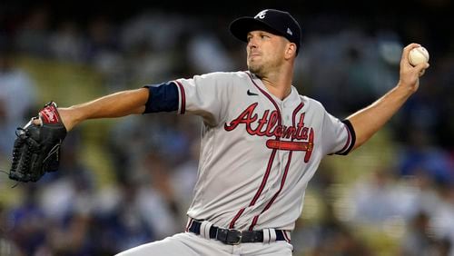 Braves starting pitcher Drew Smyly throws during the first inning of a baseball game against the Los Angeles Dodgers, Monday, Aug. 30, 2021, in Los Angeles. (AP Photo/Marcio Jose Sanchez)