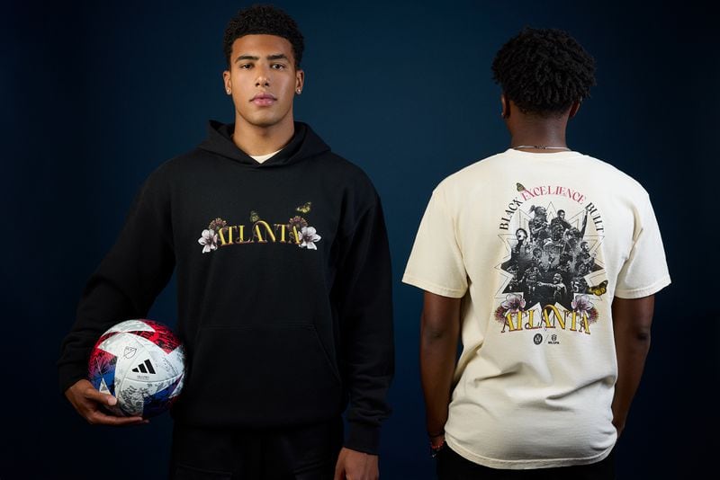 Atlanta United members Caleb Wiley and Jay Fortune show off the team’s new Legacy Collection, a homage to Juneteenth.