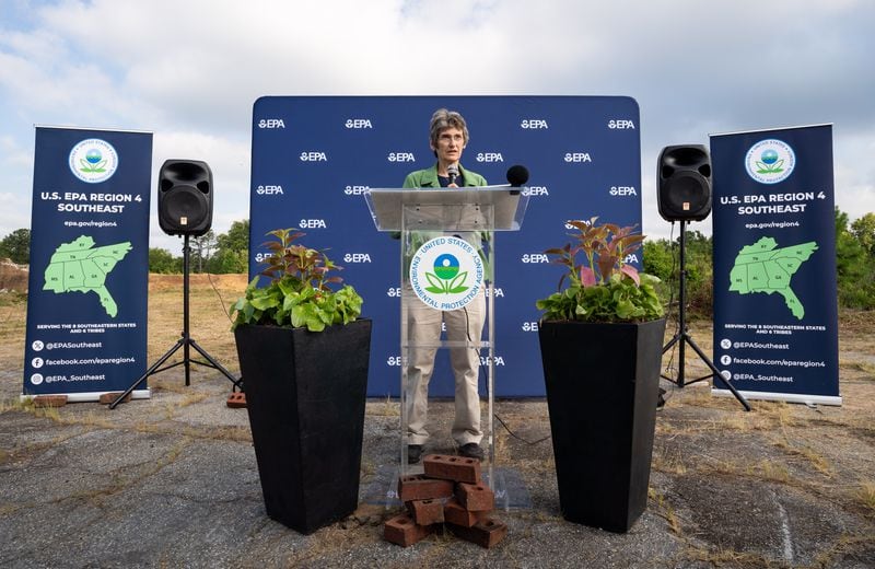 EPA Deputy Administrator Janet McCabe speaks at a news conference hosted by the EPA at the site of the Chattahoochee Brick Company in Atlanta on Wednesday, August 14, 2024. (Seeger Gray / AJC)