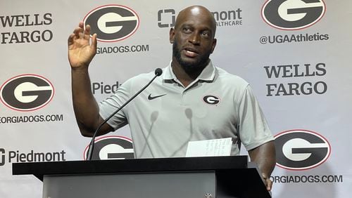 Travaris Robinson, well known throughout college football as 'T-Rob,' explains how his long and trusted relationship with Will Muschamp led him to leave Alabama and join the Georgia Bulldogs as co-defensive coordinator and safeties coach. Robinson met with UGA reporters for the first time at the Butts-Mehre football complex in Athens on Tuesday, Aug. 6, 2024. (Photo by Chip Towers/ctowers@ajc.com)