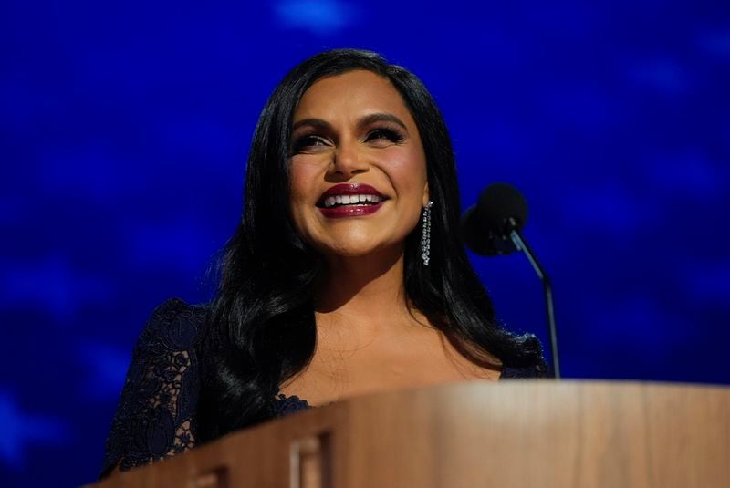 Mindy Kaling speaks during the Democratic National Convention Wednesday, Aug. 21, 2024, in Chicago. (AP Photo/Erin Hooley)