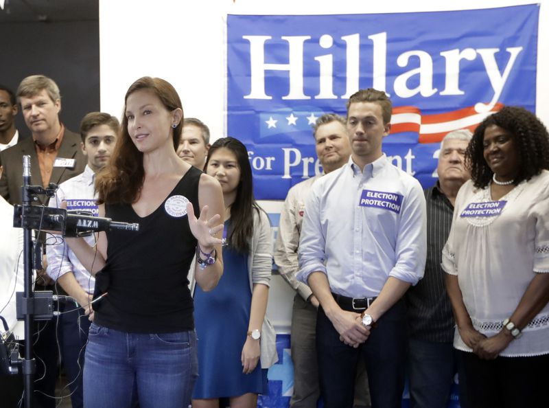 FILE - Actress Ashley Judd, front left, speaks at a news conference Nov. 7, 2016, in Nashville, Tenn. Judd is adding her voice to calls for President Joe Biden to step aside from the presidential race following his performance in last month's debate. Judd wrote in an opinion piece for USA Today on Friday, July 12, 2024, that she worries the Democrat could lose to Republican Donald Trump in November. Judd did not suggest a replacement for Biden atop the ticket. (AP Photo/Mark Humphrey, File)