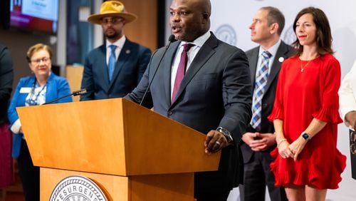 Bryan Johnson, the sole finalist for Atlanta Public Schools superintendent, speaks after being introduced at a press conference at APS headquarters in downtown Atlanta on Tuesday, June 18, 2024. (Bita Honarvar for The Atlanta Journal-Constitution)