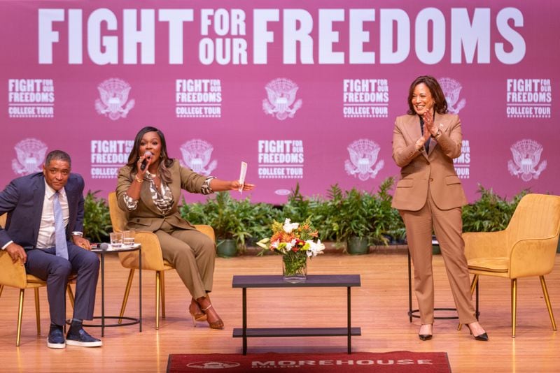 Vice President Kamala Harris (right) is pictured at an event with students at Morehouse College in Atlanta.