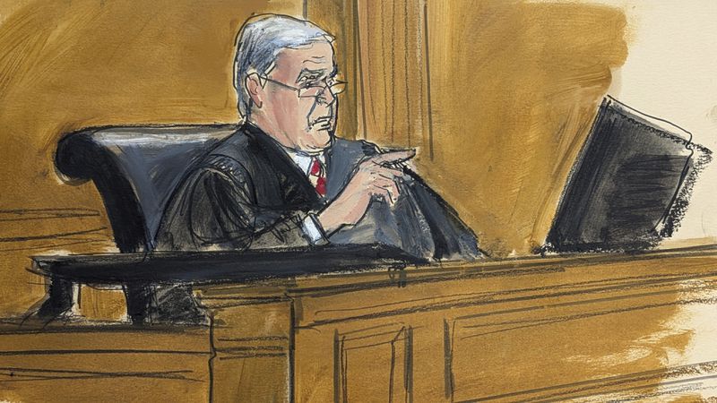 In this courtroom sketch, Judge Lewis Kaplan sentences Caroline Ellison, Tuesday, Sept. 24, 2024, at Manhattan federal court in New York. (Elizabeth Williams via AP)