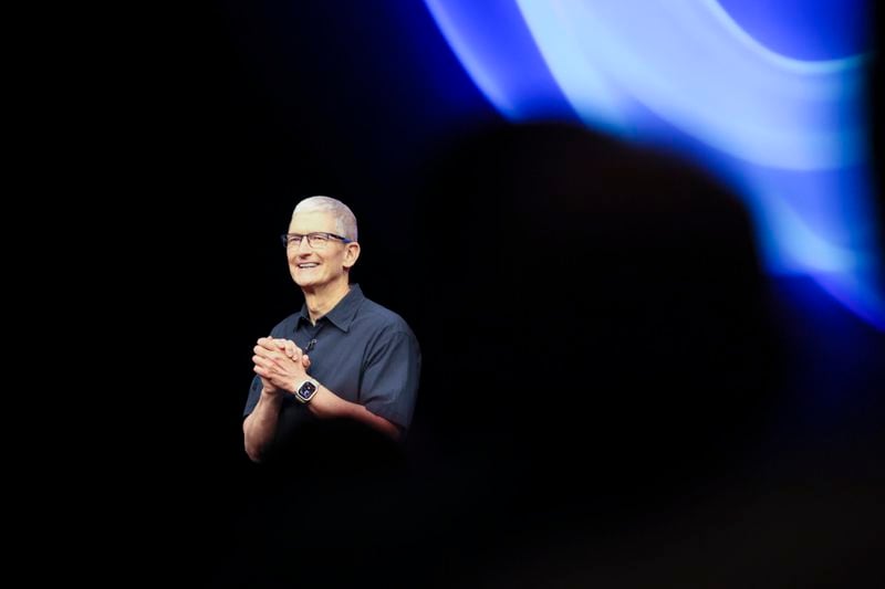 Apple CEO Tim Cook walks on the stage during an announcement of new products at Apple headquarters Monday, Sept. 9, 2024, in Cupertino, Calif. (AP Photo/Juliana Yamada)