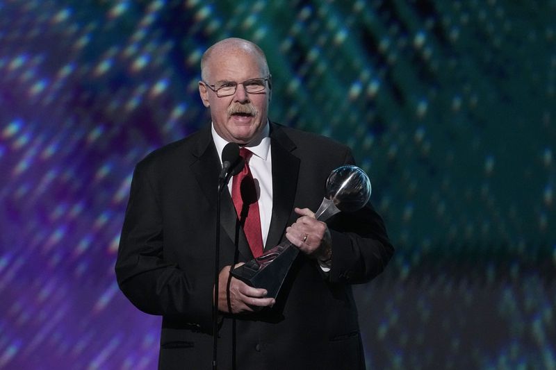 Kansas City Chiefs head coach Andy Reid makes comments after accepting the Best Athlete Men's Sports award on behalf of Patrick Mahomes at the the ESPY awards on Thursday, July 11, 2024, at the Dolby Theatre in Los Angeles. (AP Photo/Mark J. Terrill)