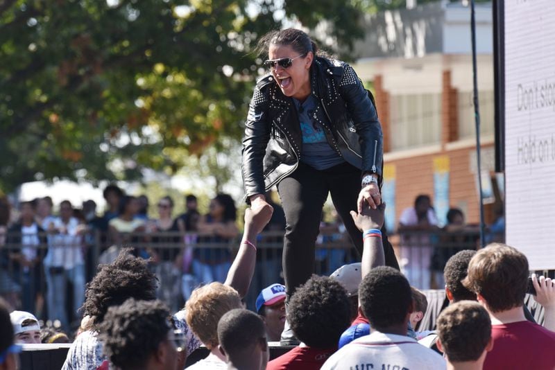 Atlanta Public Schools Superintendent Meria Carstarphen delivers her 2018 State of the District address in a non-traditional way while dancing and performing with students at the newly built Walden Sports Complex. HYOSUB SHIN / AJC FILE PHOTO