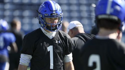 Georgia State quarterback Zach Gibson (1) is shown during the first day of spring football practice at Center Parc Stadium, Tuesday, February 13, 2024, in Atlanta. (Jason Getz / jason.getz@ajc.com)