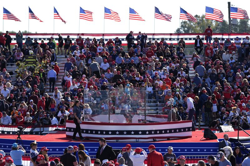 Supporters arrive before Republican presidential nominee former President Donald Trump speaks at a campaign rally at the Butler Farm Show, Saturday, Oct. 5, 2024, in Butler, Pa. (AP Photo/Julia Demaree Nikhinson)