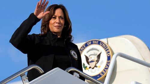 Democratic presidential nominee Vice President Kamala Harris boards Air Force Two at Augusta Regional Airport in Augusta, Ga., Wednesday, Oct. 2, 2024, en route to Washington, after visiting the area impacted by Hurricane Helene. (AP Photo/Carolyn Kaster)