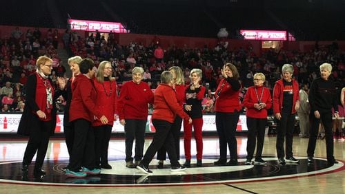 A 1969 women's basketball team at the University of Georgia is honored at the UGA Lady Bulldogs' game against the Florida Gators game on Sunday, Feb. 10, 2019 at Stegeman Coliseum.  SAVANNAH COLE / SPECIAL TO THE ATLANTA JOURNAL- CONSTITUTION