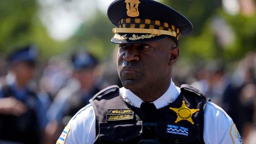 Chicago Police Superintendent Larry Snelling watches a march to the Democratic National Convention Monday, Aug. 19, 2024, in Chicago. (AP Photo/Alex Brandon)