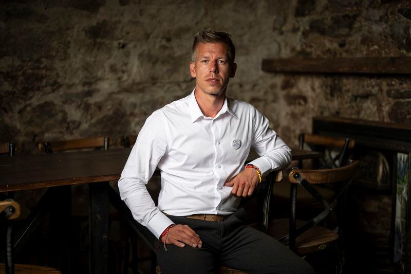 Péter Magyar, a former Fidesz insider that broke ranks with the party in February, poses for a portrait after an interview with The Associated Press in Vac, Hungary, on May 18, 2024. Magyar, 43, seized on growing disenchantment with the populist Prime Minister Viktor Orbán, building a political movement that in only a matter of weeks looks poised to become Hungary's largest opposition force. (AP Photo/Denes Erdos)