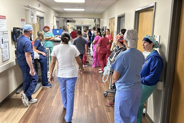 The eye of Hurricane Helene passed directly over South Georgia Medical Center in Valdosta. Staff waited in the hallway and away from windows at about 3:30 a.m. Friday Sept. 27, 2024. (Photo courtesy of South Georgia Medical Center)