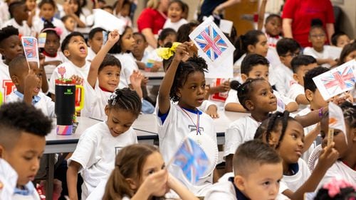 Kindergartners participate in a back-to-school Olympic opening ceremony at Lockheed Elementary School in Marietta on Friday, Aug. 2, 2024. (Arvin Temkar / AJC)