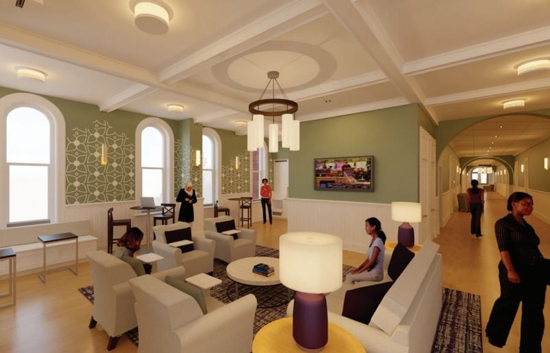 An architectural rendering of a student gathering space at the renovated Main Hall at Agnes Scott College. (Courtesy of Jenkins•Peer Architects)