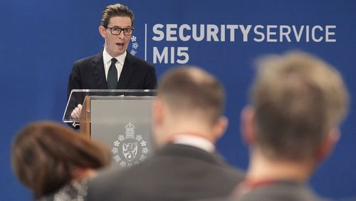 Ken McCallum, Director General of MI5, delivers the annual Director General's speech at Counter Terrorism Operations Centre in west London, Tuesday Oct. 8, 2024. (Yui Mok/PA via AP)