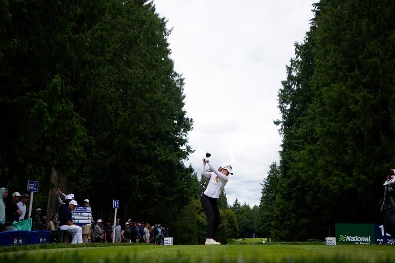 Sarah Schmelzel hits from the 15th tee during the final round of the Women's PGA Championship golf tournament at Sahalee Country Club, Sunday, June 23, 2024, in Sammamish, Wash. (AP Photo/Lindsey Wasson)