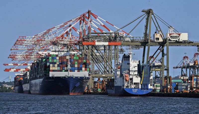 FILE - Container ships are docked at the Port of New York and New Jersey in Elizabeth, N.J., on May 20, 2021. (AP Photo/Seth Wenig, File)