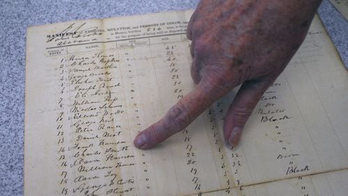 Mary Evelyn Tomlin, a public programs specialist at the National Records Archive in Morrow, points to a name on a slave manifest. The manifests documented the name, age and color of the slaves. Teaching students about slavery can be complicated. Some educators have come under fire for using creative ways to explain a complex issue. Experts suggesting sticking as close as possible to approved materials and consulting vetted sources for accurate information.