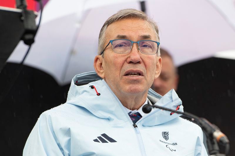 ParalympicsGB President Nick Webborn OBE delivers a speech during the lighting of the Paralympic Flame in Stoke Mandeville, widely considered the birthplace of the Paralympic Games, England, Saturday, Aug. 24, 2024. (AP Photo/Thomas Krych)