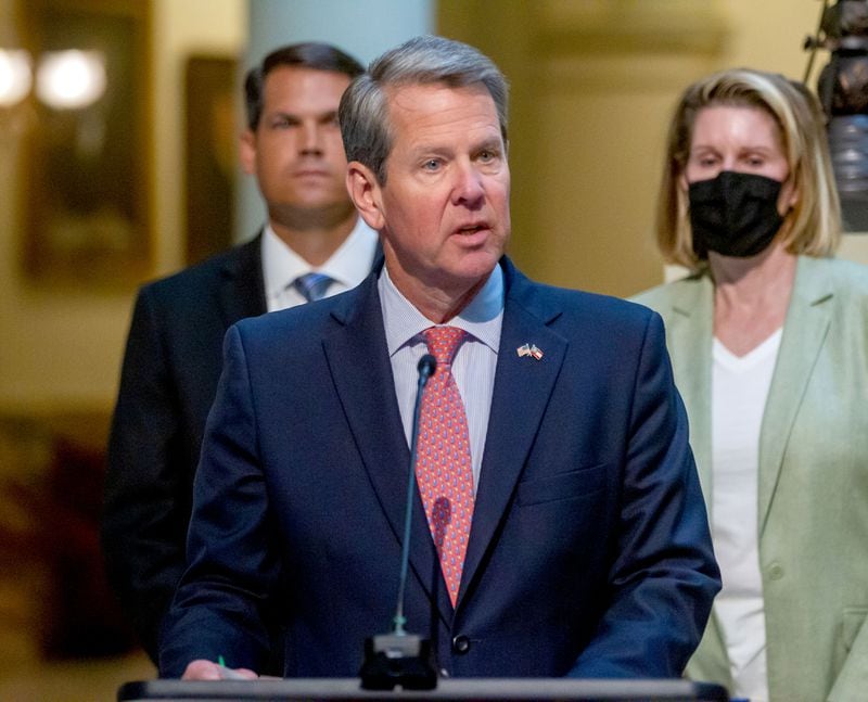 Gov. Brian Kemp talks to the press before signing HB 479, which repeals Georgia's citizen's arrest law at the State Capital Monday, May 10, 2021.    STEVE SCHAEFER FOR THE ATLANTA JOURNAL-CONSTITUTION