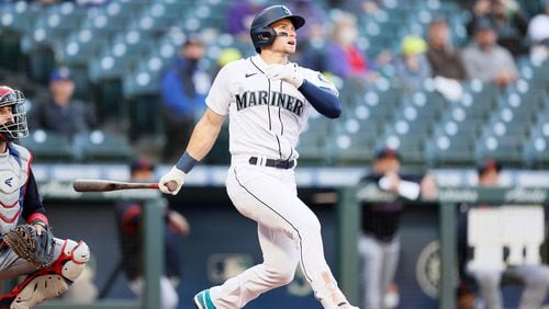 The Seattle Mariners' Jarred Kelenic flies out in his first at bat against the Cleveland Indians during the first inning at T-Mobile Park in Seattle on Thursday May 13, 2021. (Steph Chambers/Getty Images/TNS)