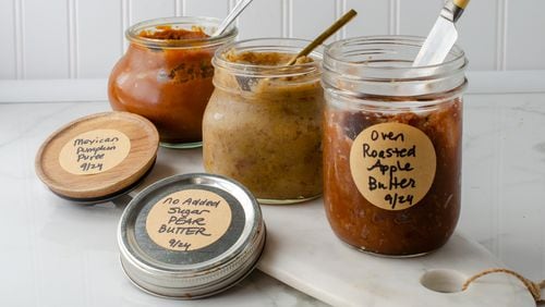 These small-batch refrigerator fruit butters are easy to "put up." From left: Mexican Pumpkin Puree, No Added Sugar Pear Butter and Oven Apple Butter. Courtesy of Virginia Willis