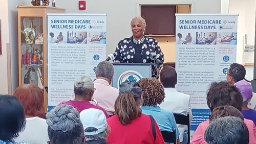 Khadijah Abdur-Rahman, District 6 commissioner for Fulton County, speaks Aug. 29, 2024, to clients of the H.J.C. Bowden Senior Multipurpose Facility in East Point.